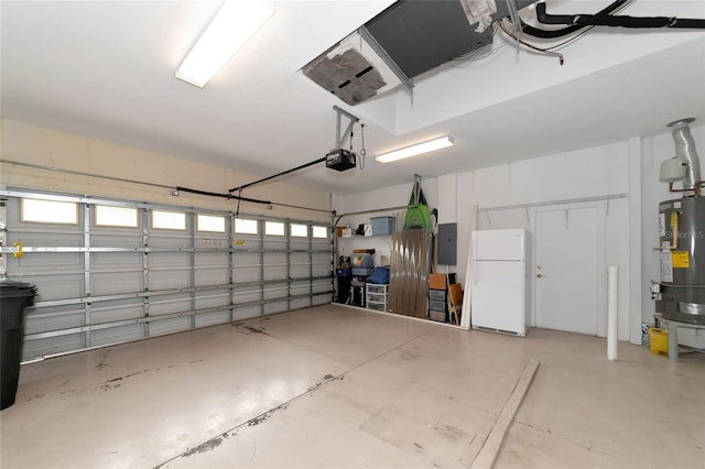 garage with water heater, a garage door opener, freestanding refrigerator, and electric panel