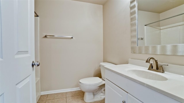 full bathroom featuring baseboards, bathing tub / shower combination, toilet, tile patterned floors, and vanity