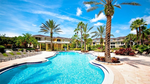 view of pool with a pergola and a patio