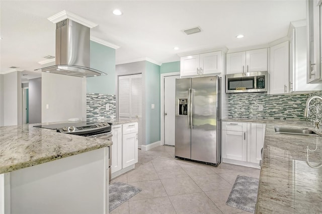 kitchen with white cabinetry, stainless steel appliances, sink, and island range hood