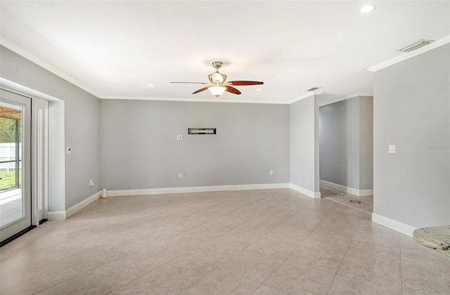 empty room with crown molding and ceiling fan