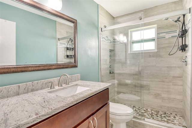 bathroom with vanity, toilet, and a shower with shower door