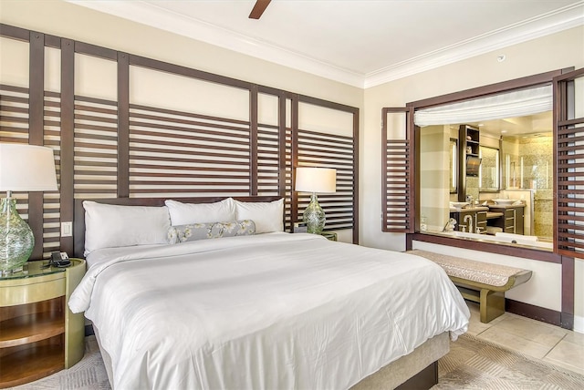 tiled bedroom featuring ornamental molding and ceiling fan