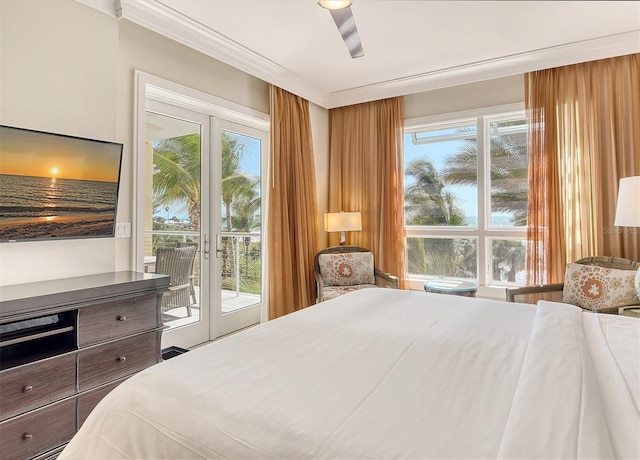 bedroom featuring ceiling fan and access to exterior