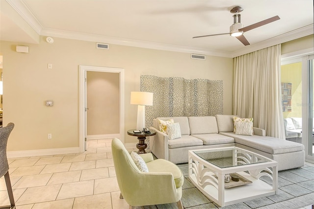 living room with tile patterned floors, crown molding, and ceiling fan