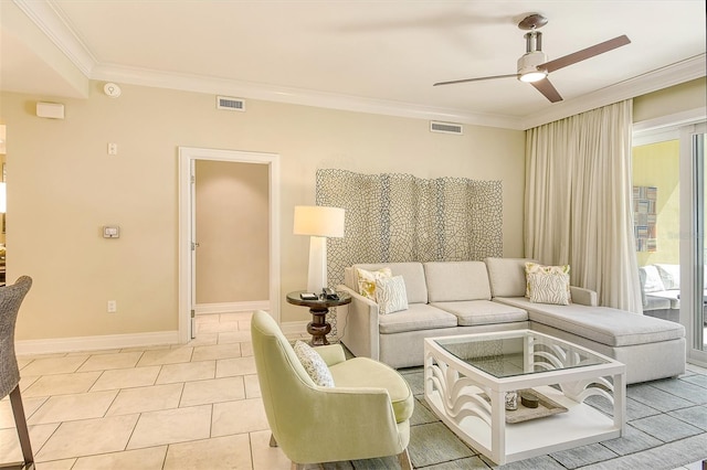 915 Seaside Drive 607, Weeks 14-15, Sarasota, FL 34242 - living area featuring a ceiling fan, crown molding, and light tile patterned flooring