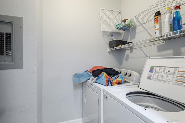 laundry room with washing machine and clothes dryer and electric panel