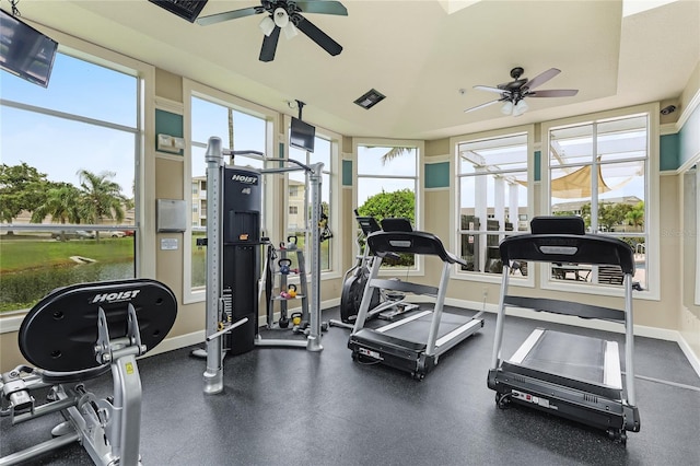 workout area with ceiling fan