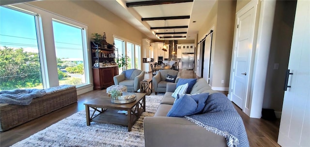 sunroom / solarium with beam ceiling and a barn door