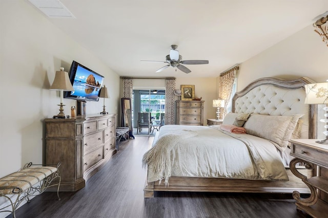 bedroom with ceiling fan, access to outside, and dark hardwood / wood-style flooring