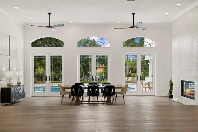 interior space featuring french doors, a fireplace, and ceiling fan