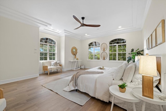 bedroom with light wood-style floors, multiple windows, and a raised ceiling