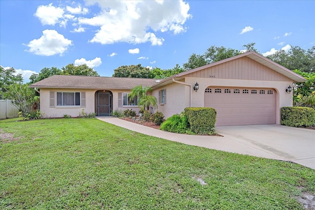 single story home with a garage and a front yard