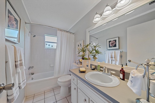 full bathroom featuring shower / tub combo with curtain, tile patterned flooring, ornamental molding, toilet, and a textured ceiling