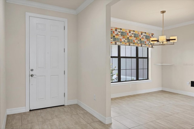 tiled foyer entrance featuring crown molding and a notable chandelier