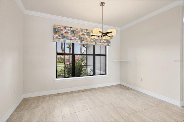 unfurnished dining area featuring tile patterned floors, ornamental molding, and an inviting chandelier