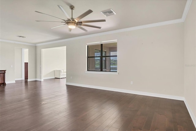 unfurnished room with ceiling fan, dark hardwood / wood-style floors, and ornamental molding