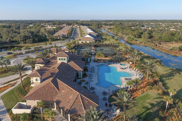 drone / aerial view with a water view