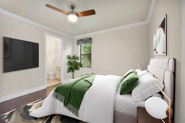 bedroom featuring connected bathroom, ceiling fan, ornamental molding, and hardwood / wood-style flooring