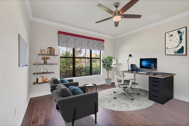 office area featuring dark hardwood / wood-style floors, ceiling fan, and ornamental molding