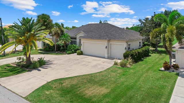 single story home featuring a front yard and a garage