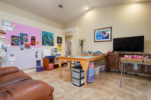 home office with vaulted ceiling