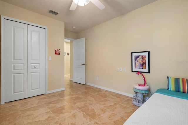 bedroom with ceiling fan and a closet