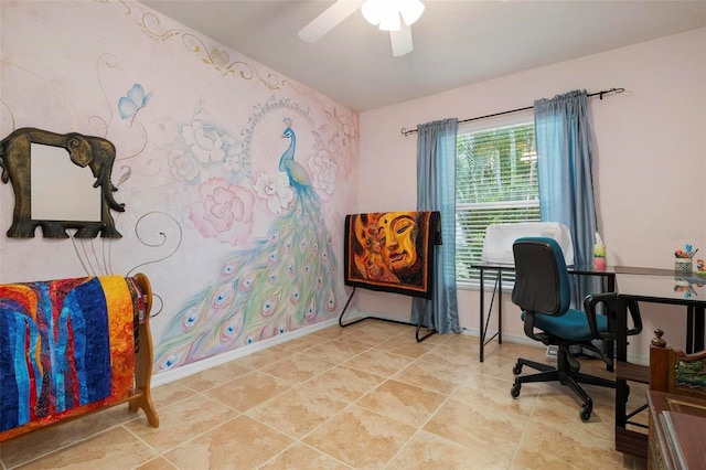 tiled office space with ceiling fan