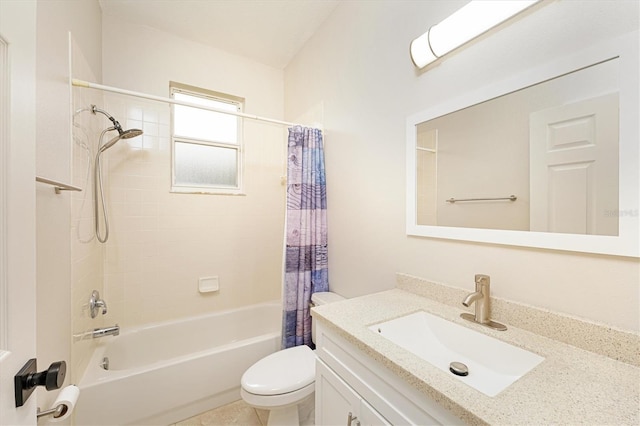 full bathroom featuring shower / tub combo with curtain, vanity, and toilet