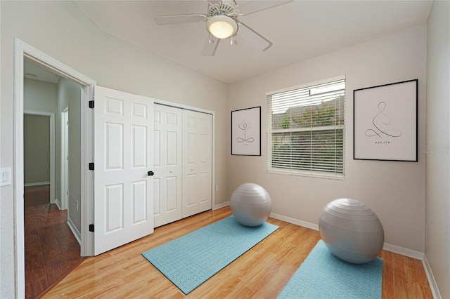 exercise room with hardwood / wood-style flooring and ceiling fan