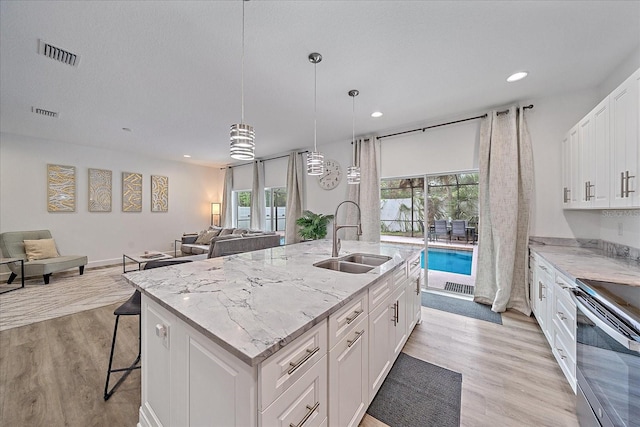 kitchen featuring sink, light hardwood / wood-style flooring, a wealth of natural light, and an island with sink