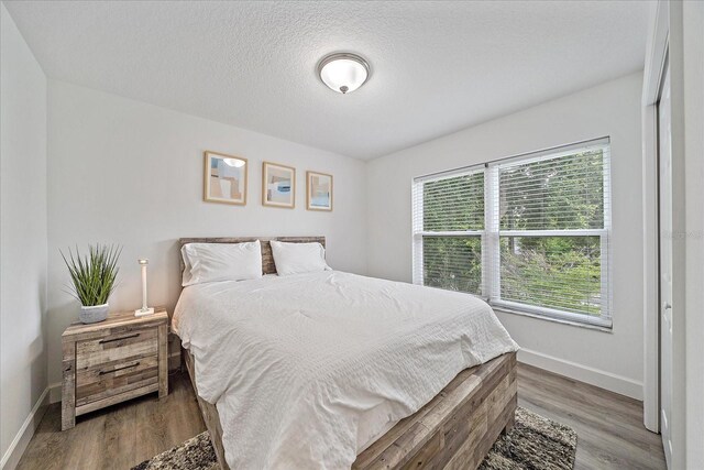 bedroom featuring multiple windows, a textured ceiling, and hardwood / wood-style flooring