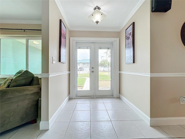 doorway with light tile patterned floors, french doors, crown molding, and a textured ceiling