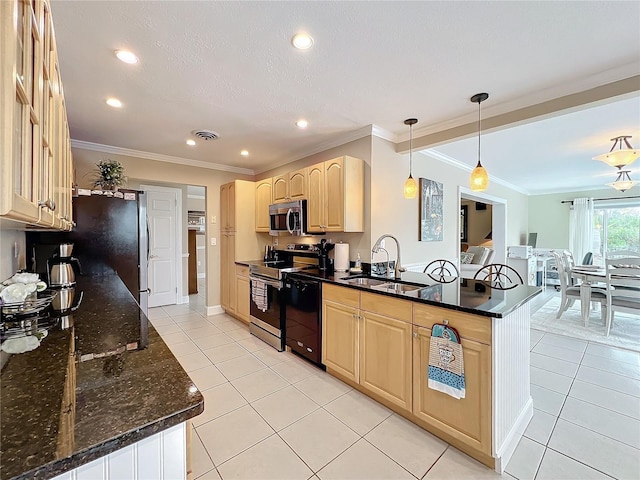 kitchen with sink, hanging light fixtures, ornamental molding, and stainless steel appliances