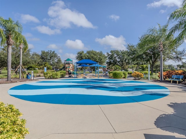 view of swimming pool with playground community