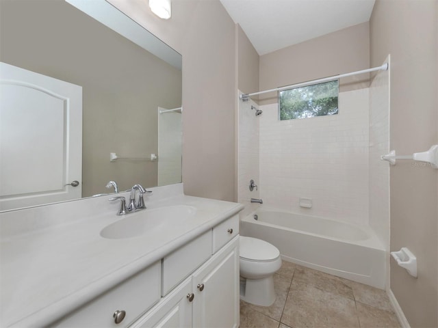 full bathroom featuring shower / bathtub combination, toilet, vanity, tile patterned flooring, and baseboards