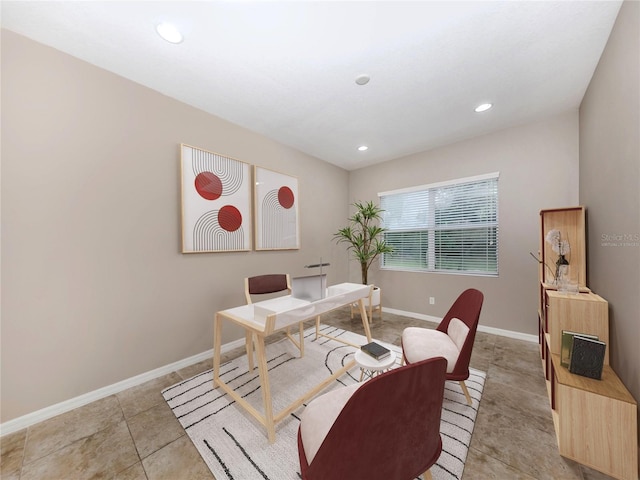 office space featuring light tile patterned floors, baseboards, and recessed lighting