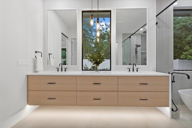 bathroom featuring a sink, a shower stall, and double vanity