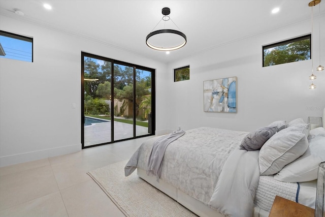 bedroom with access to outside, baseboards, and recessed lighting