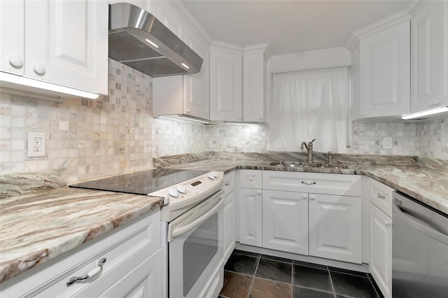 kitchen featuring white electric range, white cabinetry, dishwasher, and wall chimney exhaust hood