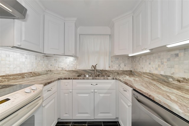 kitchen with sink, white cabinets, dishwasher, white electric range, and wall chimney range hood