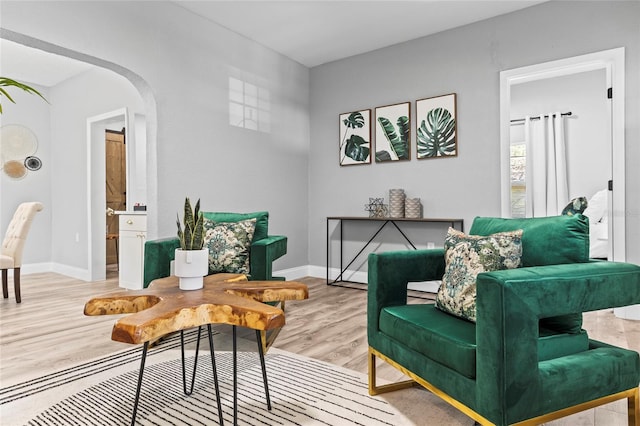 living area featuring arched walkways, baseboards, and wood finished floors