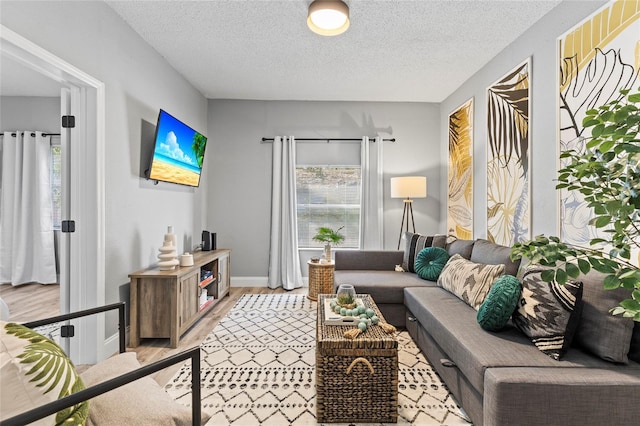 living area with a textured ceiling, baseboards, and light wood-style floors