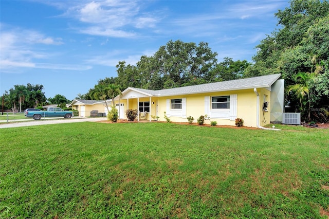 single story home featuring a front yard and cooling unit