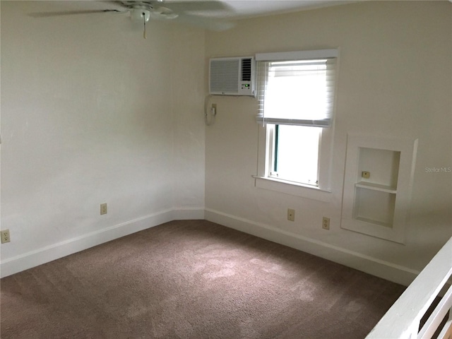 empty room featuring carpet floors, ceiling fan, and a wall mounted air conditioner