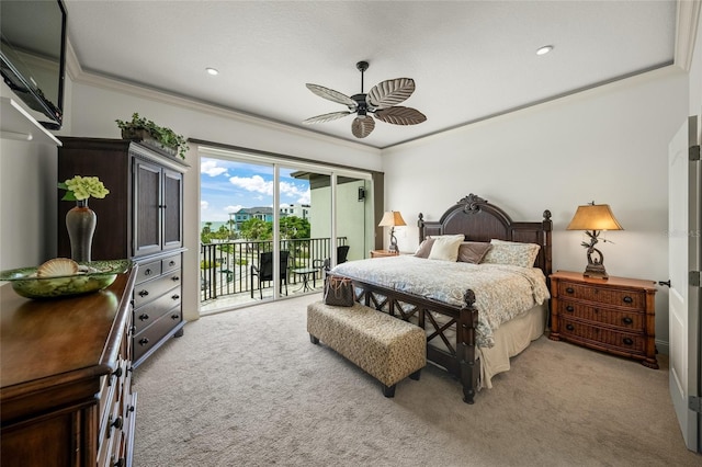 carpeted bedroom featuring ornamental molding, access to exterior, and ceiling fan