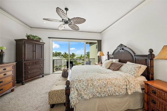 bedroom featuring access to exterior, ceiling fan, ornamental molding, and light colored carpet