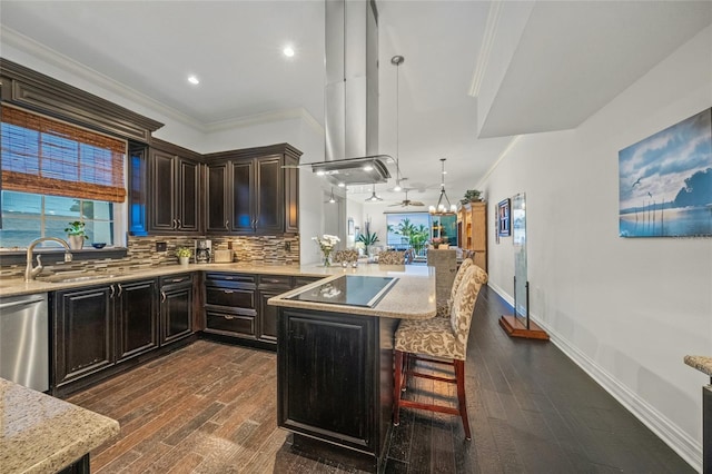 kitchen with black electric stovetop, stainless steel dishwasher, tasteful backsplash, dark hardwood / wood-style flooring, and island range hood