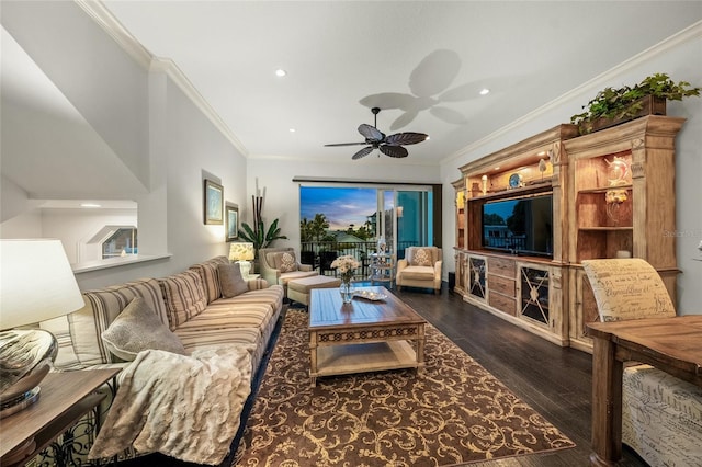 living room featuring crown molding, hardwood / wood-style floors, and ceiling fan