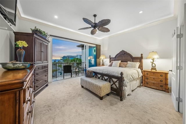 carpeted bedroom with access to outside, ceiling fan, and ornamental molding